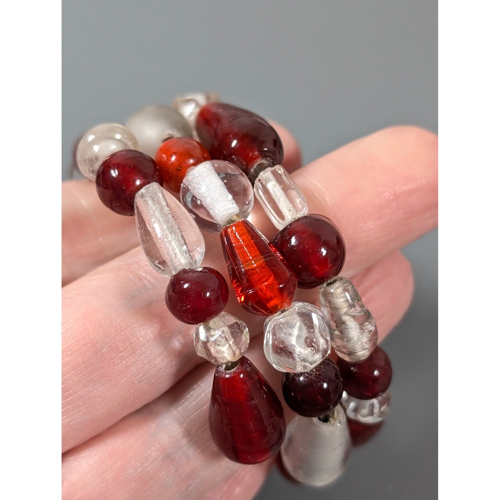 Artisan Red Clear Glass Bead Wrap Coil Bracelet Boho Statement 7" - Picture 4 of 6
